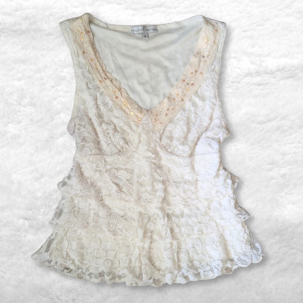 vintage y2k moa moa white lace sequin babydoll top